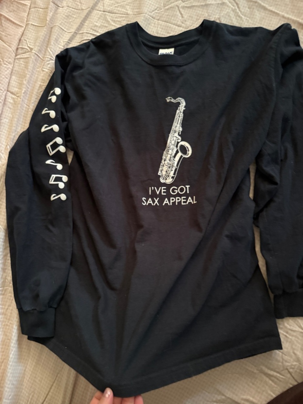 Gildan Black Long Sleeve Tee with White Saxophone Graphic
